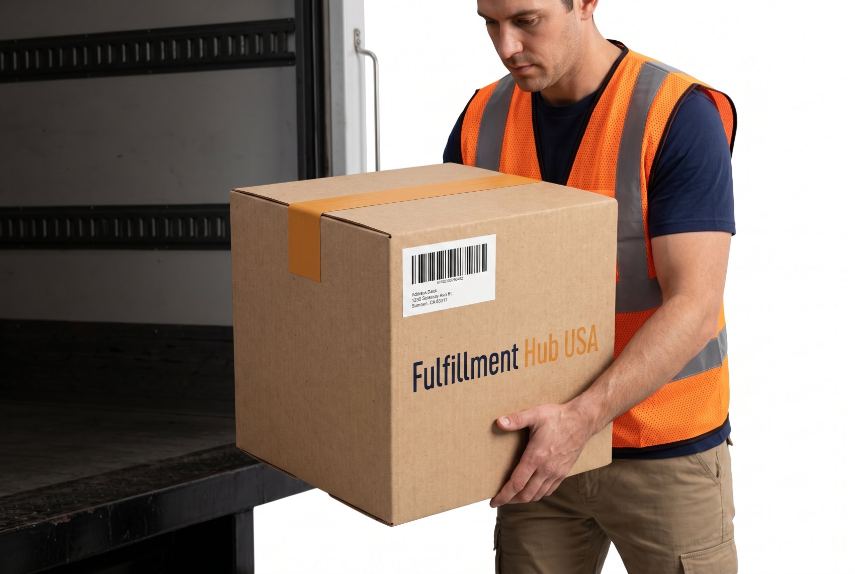 Inventory arrives — a worker lifts the box off the delivery truck