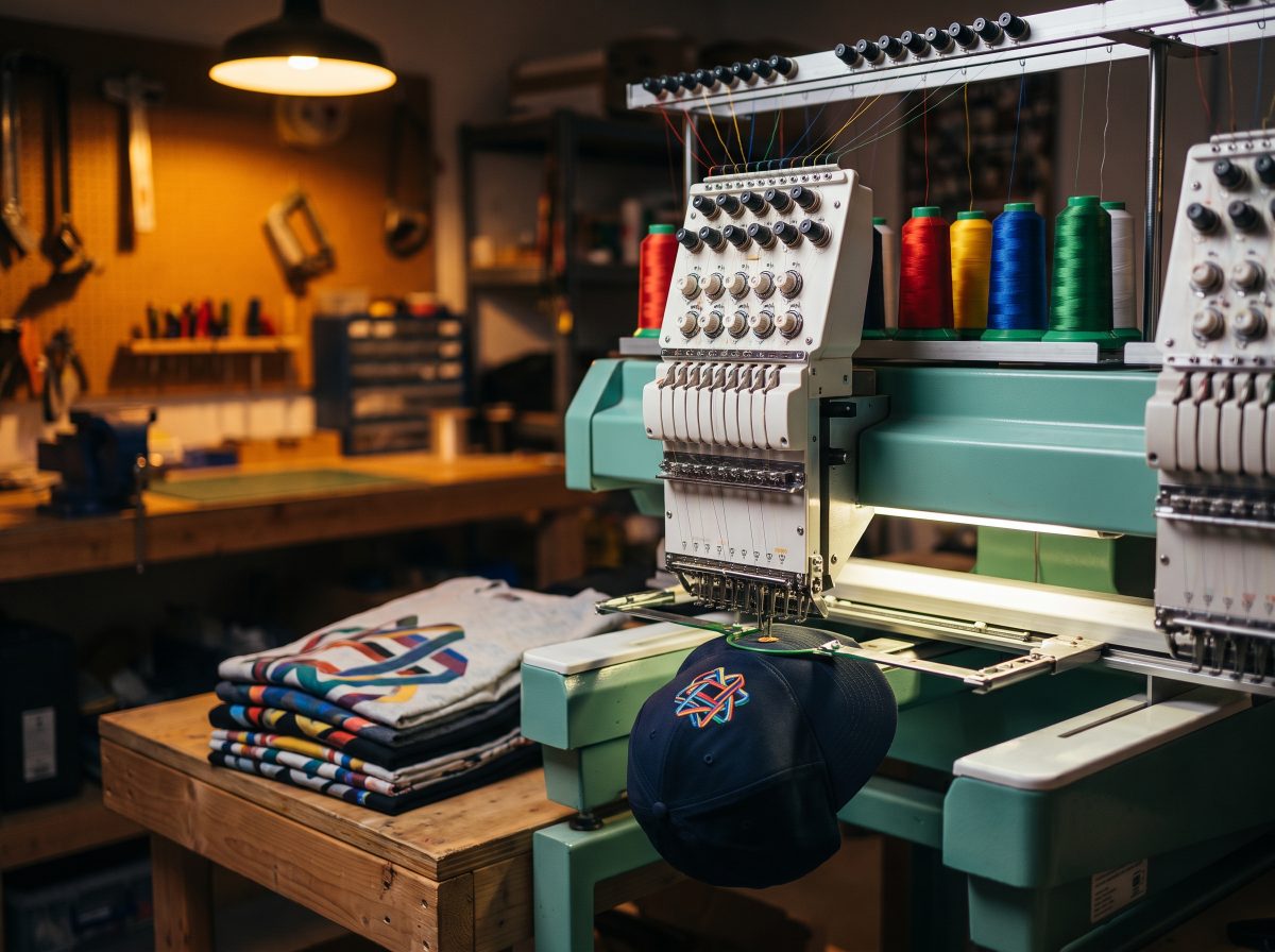 Embroidery machine stitching a cap