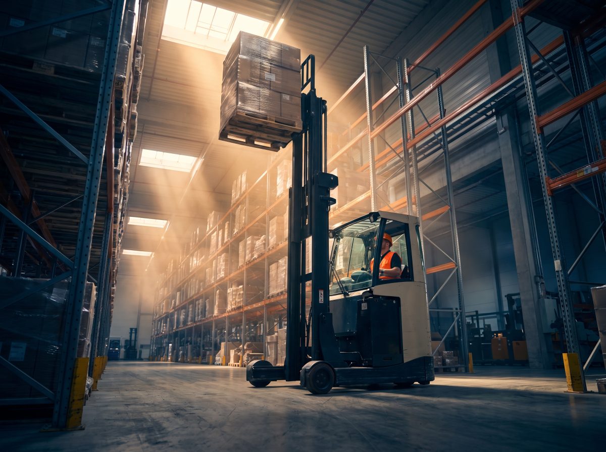 Reach truck lifting a pallet into tall racking