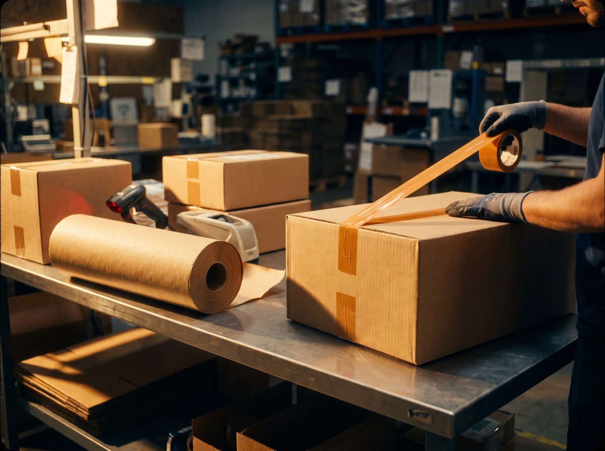 Packing station sealing a box with orange tape