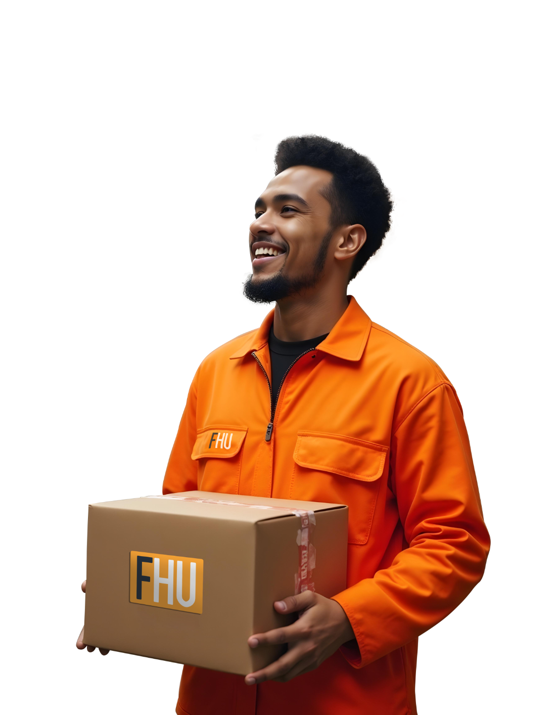 A smiling Fulfillment Hub USA courier holding a branded package
