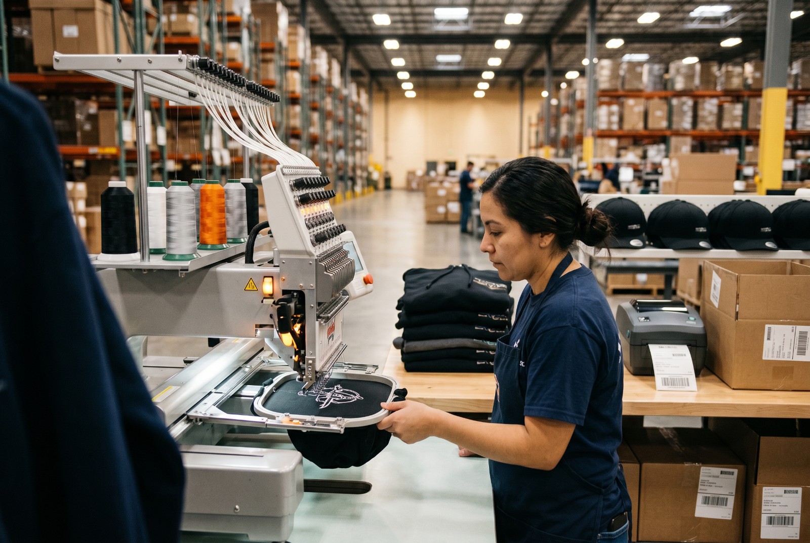 In-house customization cell &mdash; an embroidery machine stitching a cap beside finished apparel and shipping cartons