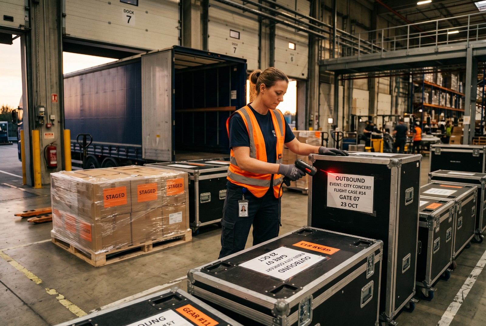 Event freight at the dock &mdash; an associate scans routing labels on staged road cases and pallets ready for outbound
